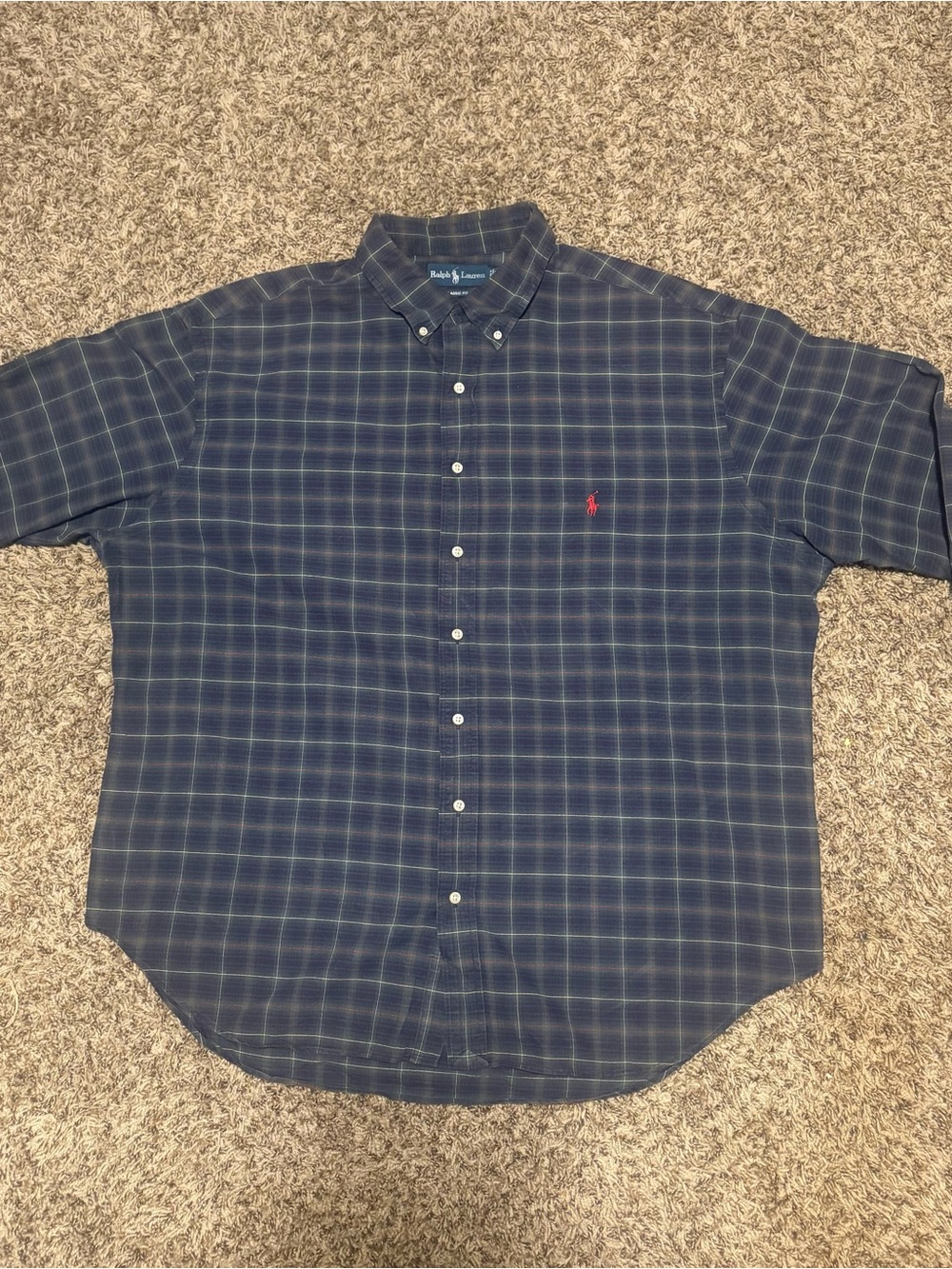 Ralph Lauren Navy Plaid Button-Down Shirt with Red Pony